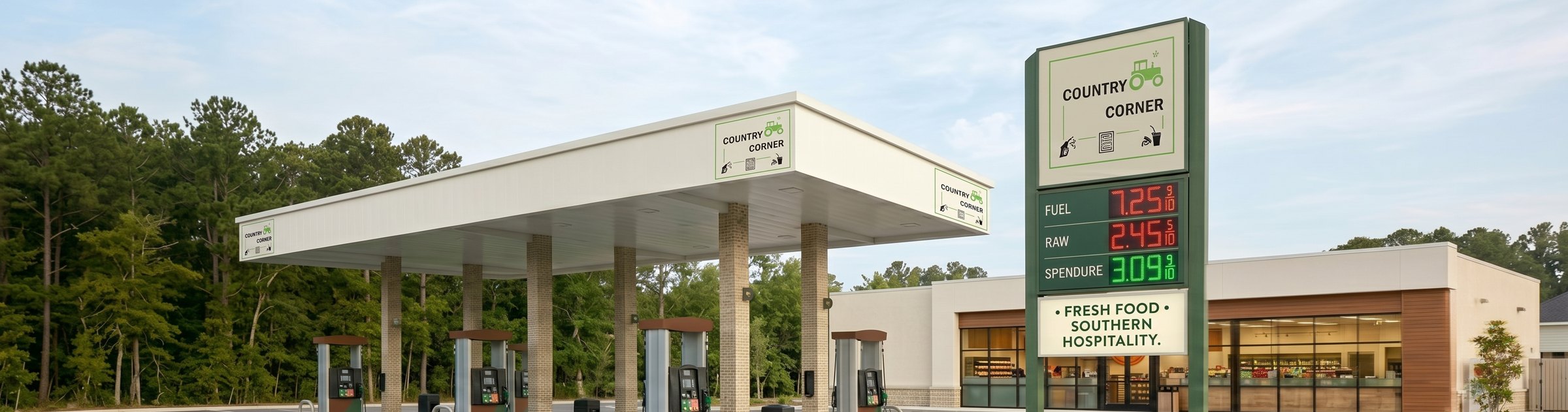 Country Corner gas station with fuel prices and canopy